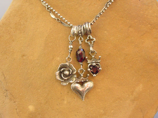 Sterling Silver Triple Charm Necklace with Garnets & Double Chain