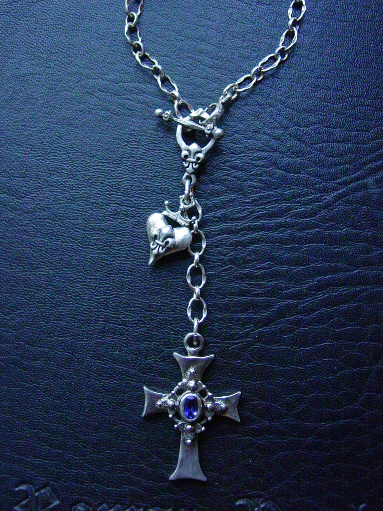 Sterling Silver Cross with Iolite & Crowned Fleur De Lis Heart Toggle Necklace