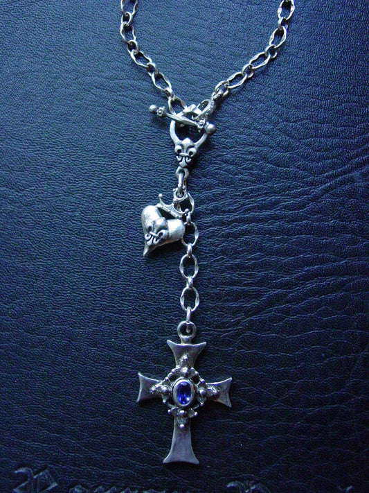 Sterling Silver Cross with Iolite & Crowned Fleur De Lis Heart Toggle Necklace
