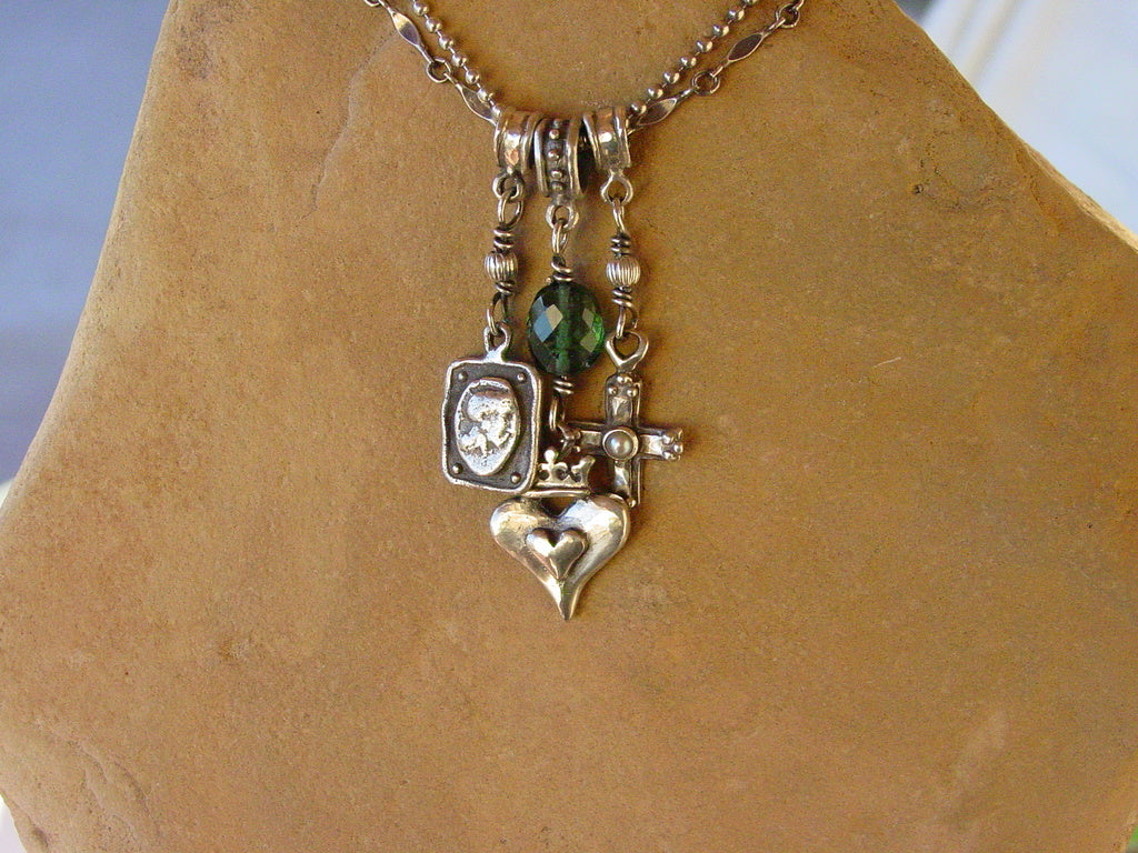 Sterling Silver Triple Charm Necklace with Tourmaline & Double Chain