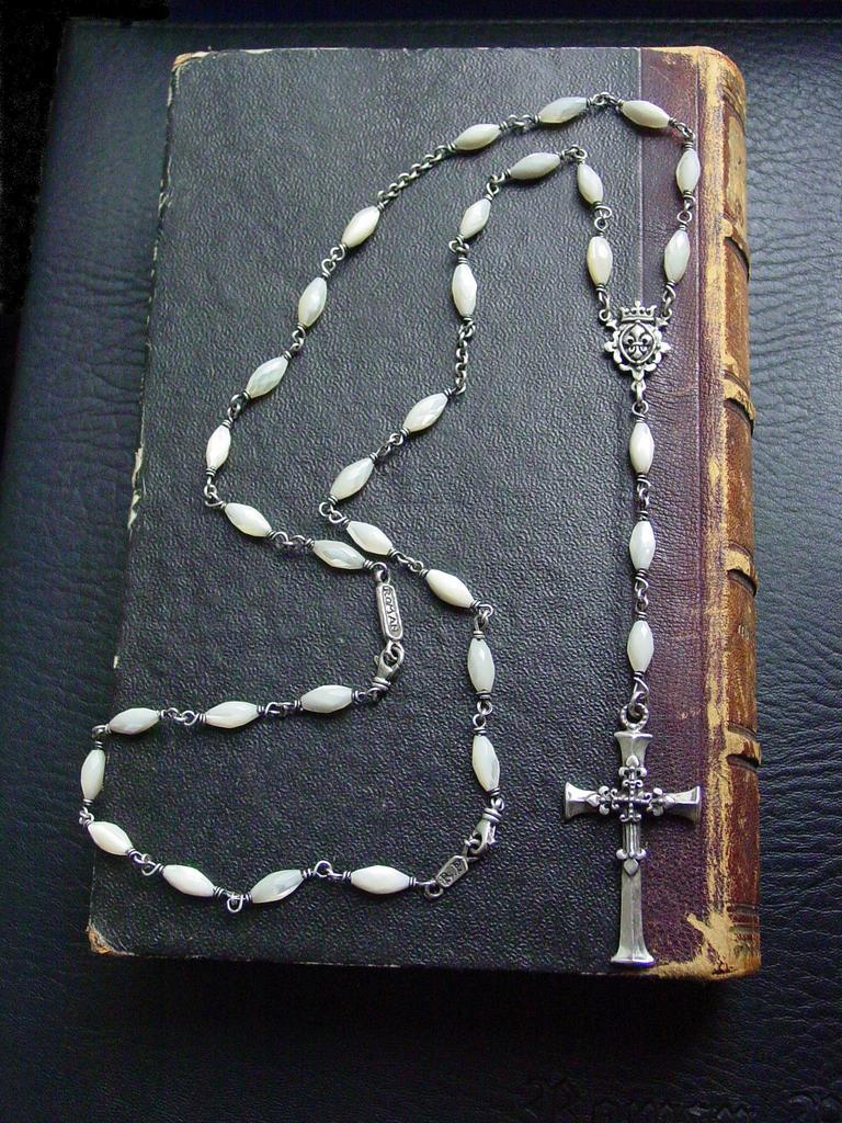 Rosary Style Cross & Fleur De Lis Necklace by Roman Paul
