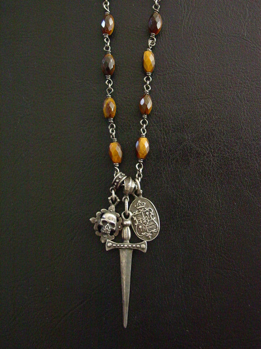 Sterling Silver Triple Charm Sword Necklace with Tiger Eye Oval Beads