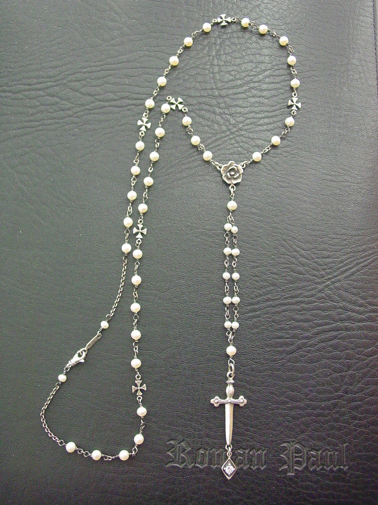Silver Sword and Rose White Sapphire Pearl Necklace