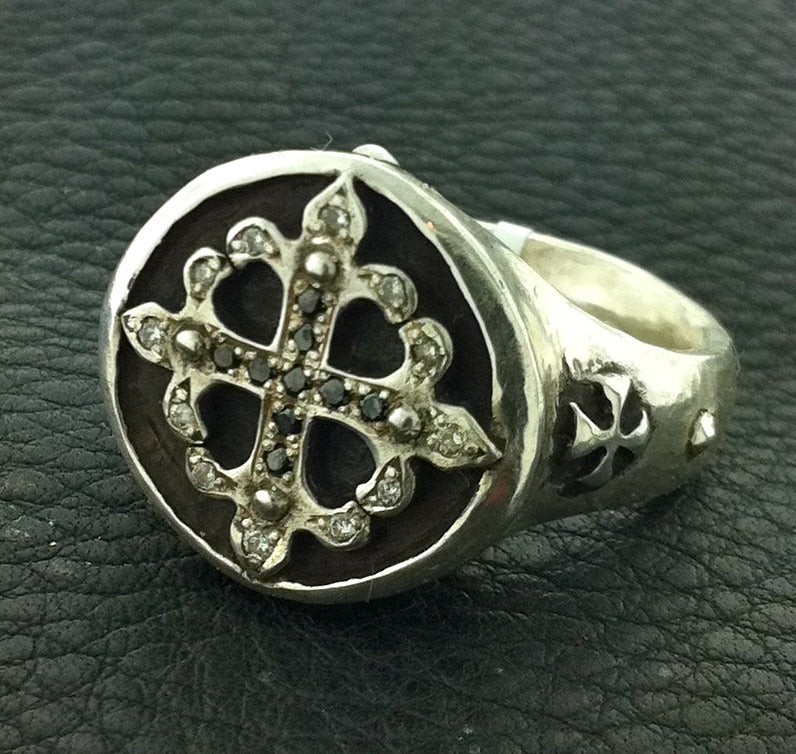 Silver art designer diamond cross ring