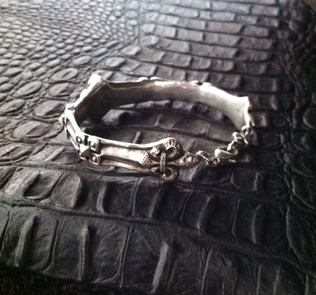Sterling Silver Fleur De Lis Cuff with Diamond Pave & Lobster Clasp Closure
