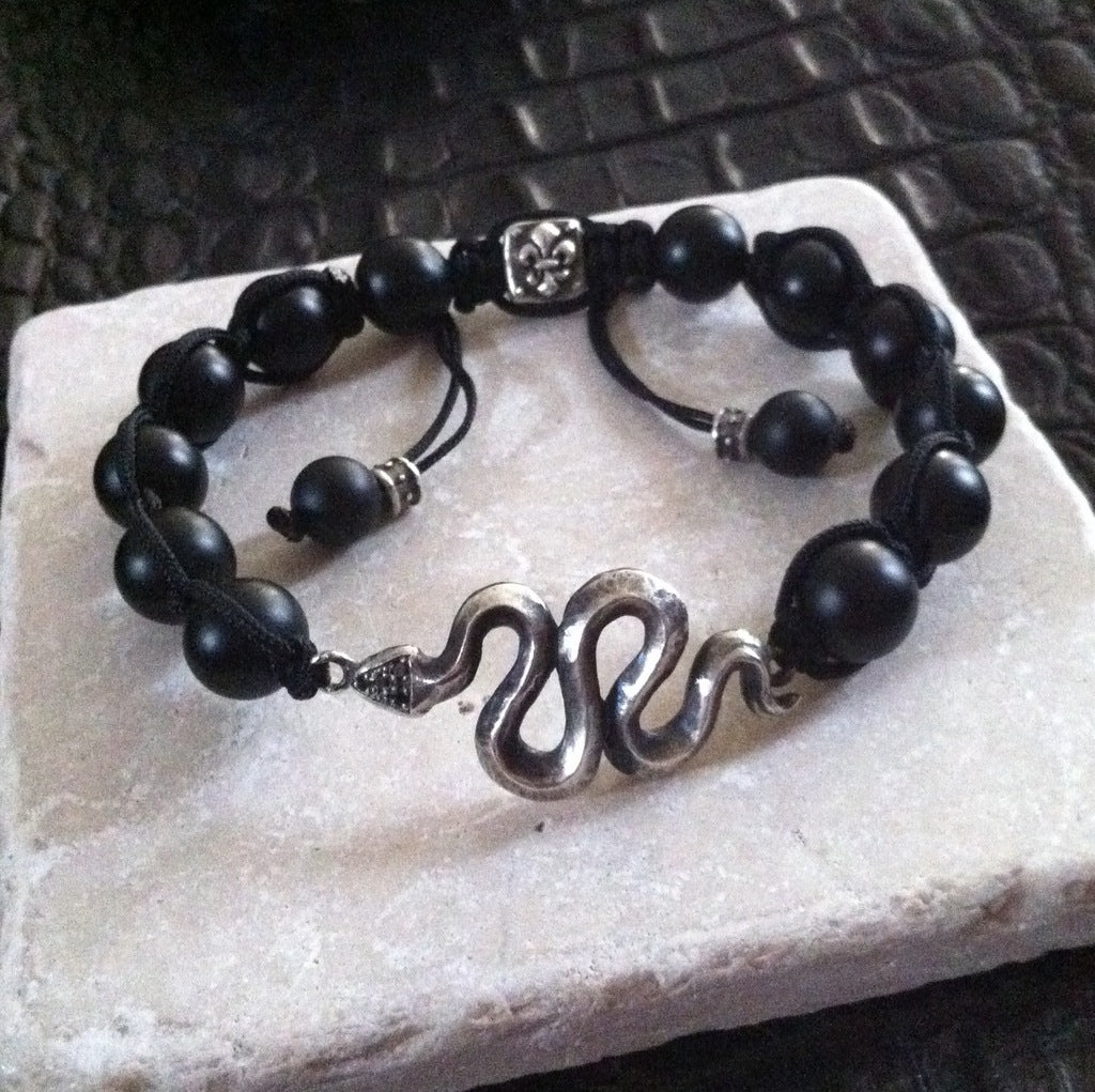 Sterling Silver Snake Bracelet Black Diamond Pave & Ruby Eyes with Onyx Beads