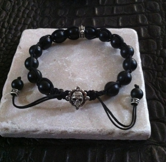 Sterling Silver Skull Diamond Pave Bracelet with Black Onyx Beads
