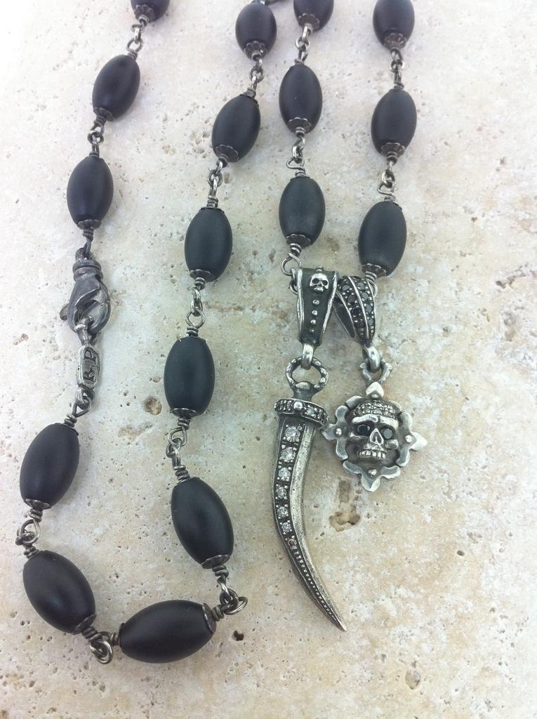 Sterling Silver Diamond Pave Italian Horn & Skull Necklace with Onyx Beads