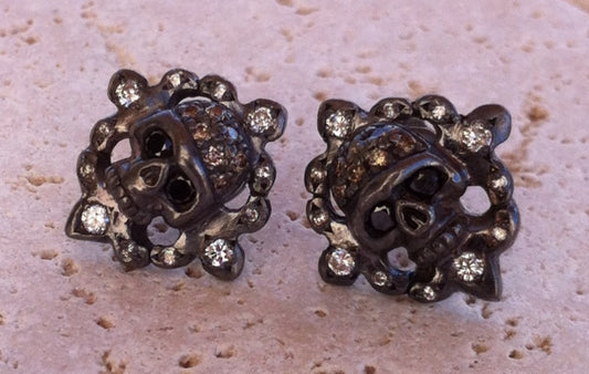 Silver Skulls with Diamond Pave Earrings by Roman Paul