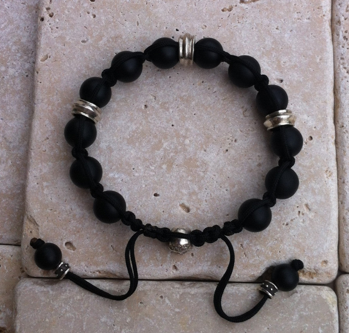 Sterling Silver Skull Diamond Pave Bracelet with Rondels & Onyx Beads