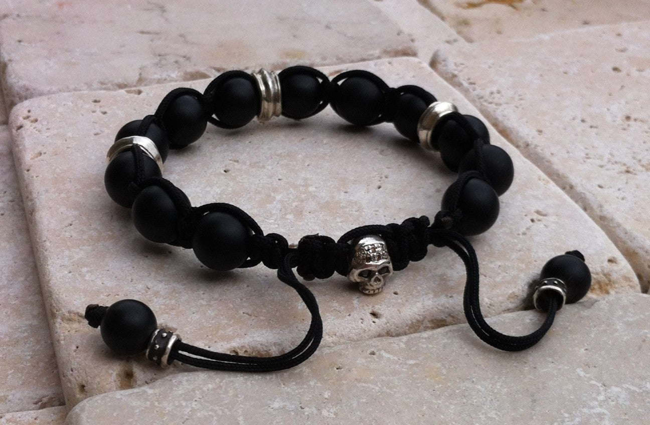 Sterling Silver Skull Diamond Pave Bracelet with Rondels & Onyx Beads