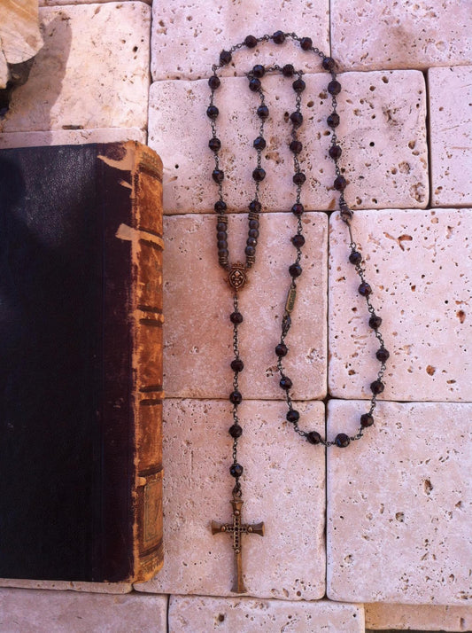 Rosary Style Bronze Cross Necklace with Garnet & Silver Beads