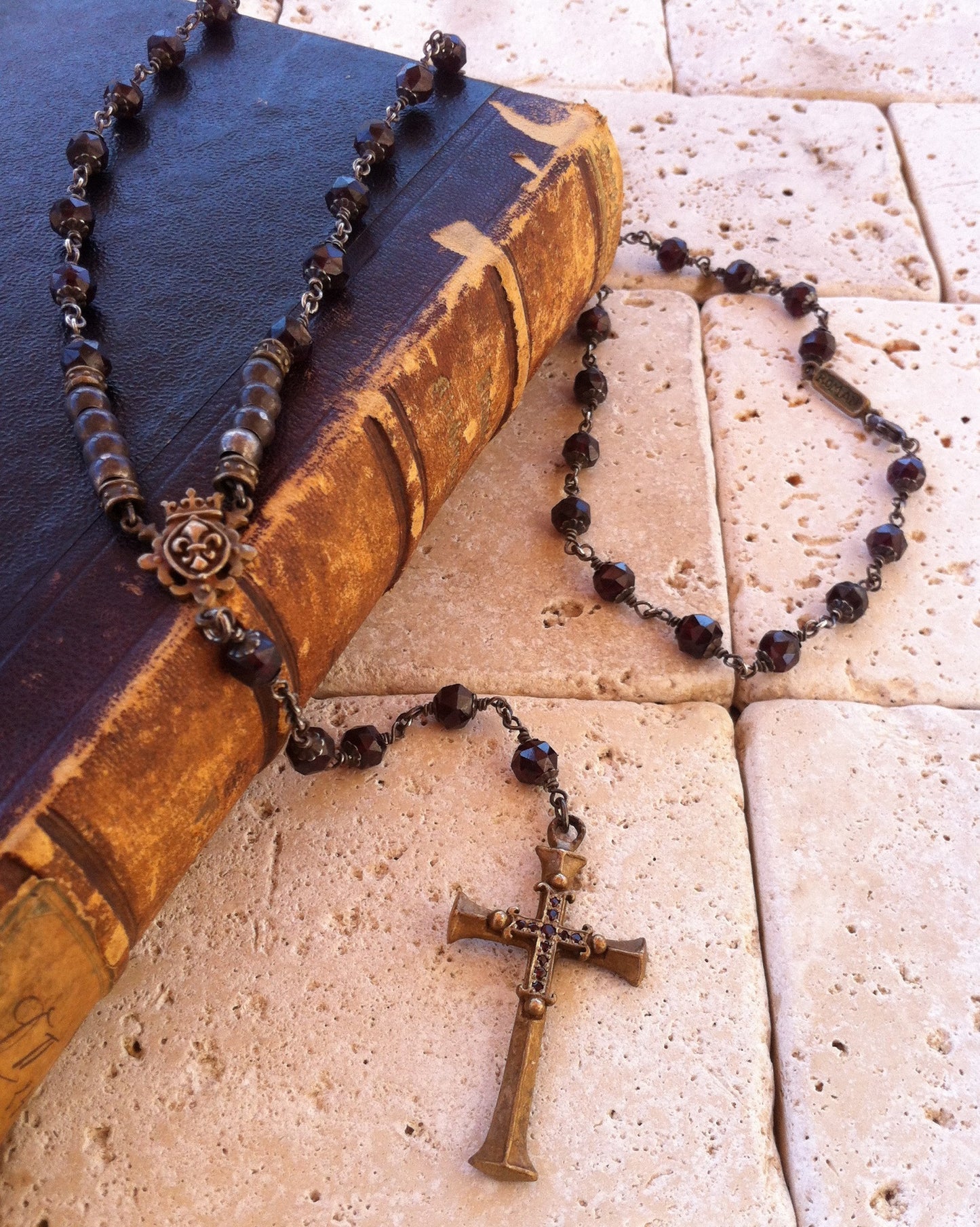 Rosary Style Bronze Cross Necklace with Garnet & Silver Beads