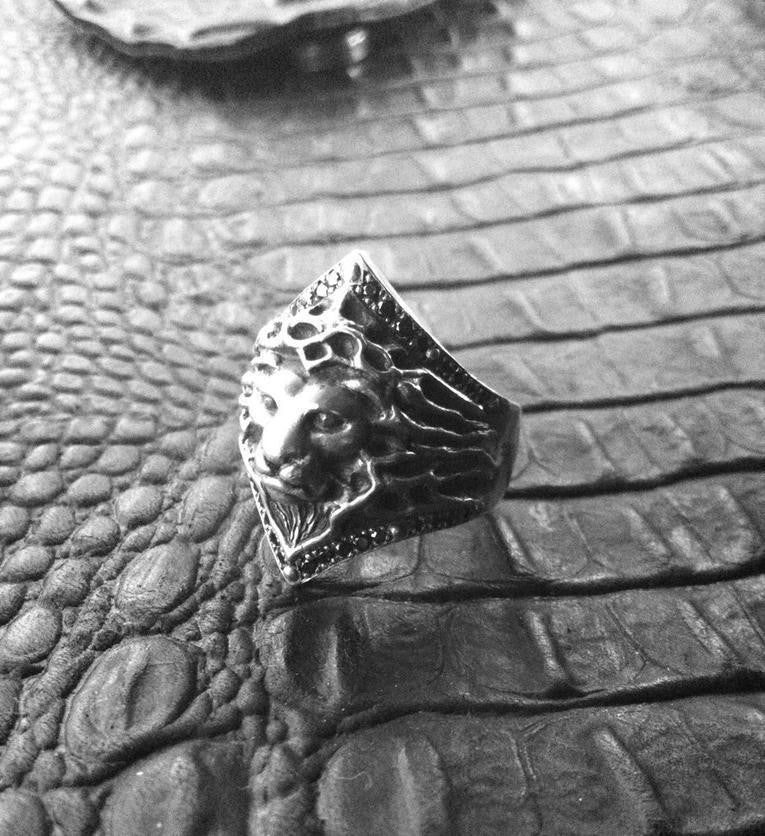Sterling Silver Lion Black Diamond Pave Ring