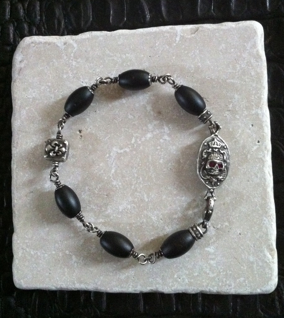 Sterling Silver Diamond Ruby Pave Skull & Fleur De Lis Bracelet With Onyx Beads