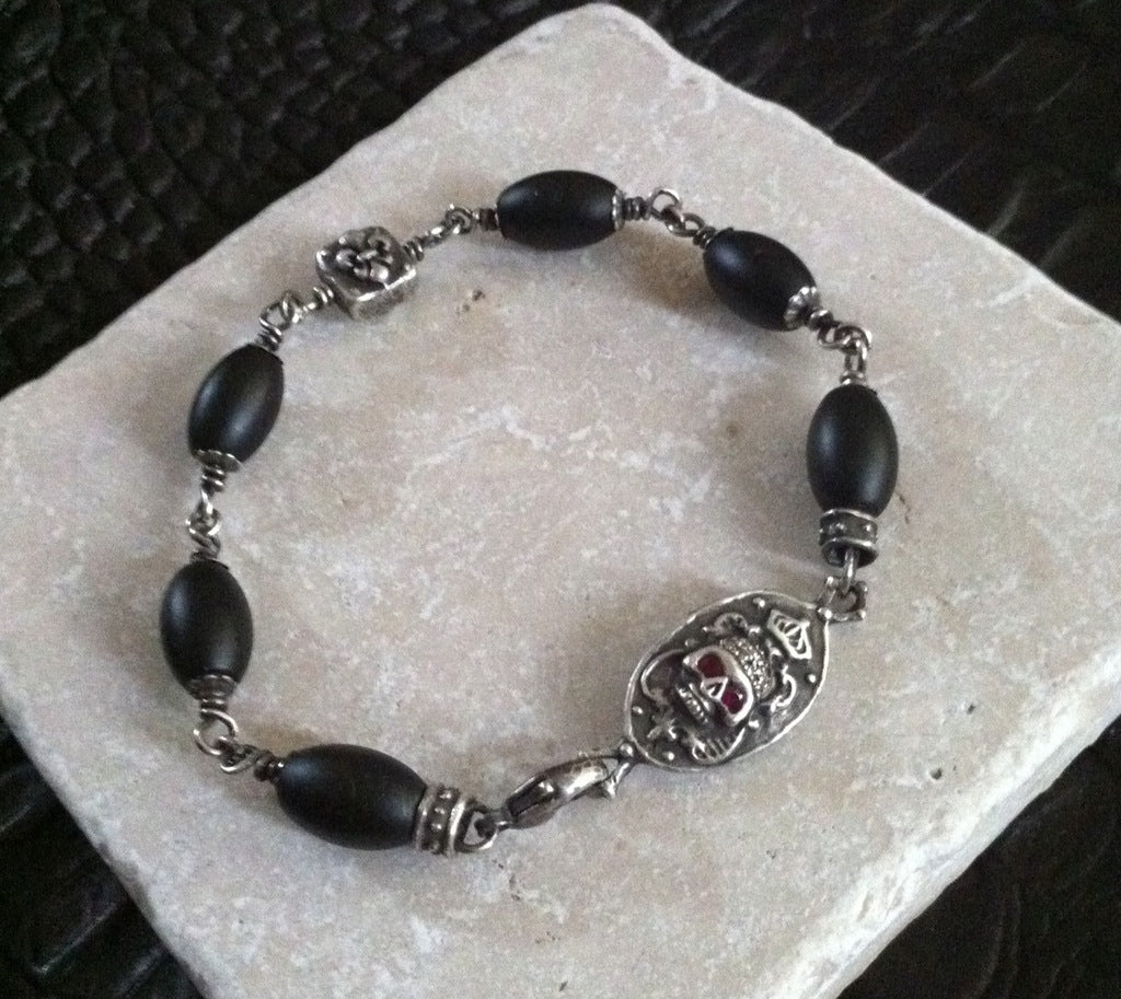 Sterling Silver Diamond Ruby Pave Skull & Fleur De Lis Bracelet With Onyx Beads