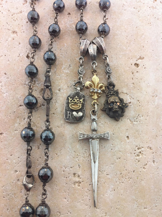 Gold, Silver & Bronze Multi Charm Sword Diamonds Necklace