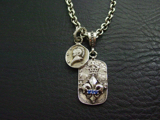 Sterling Silver Fleur De Lis Dog Tag with Sapphires and Knight Helmet Coin Necklace