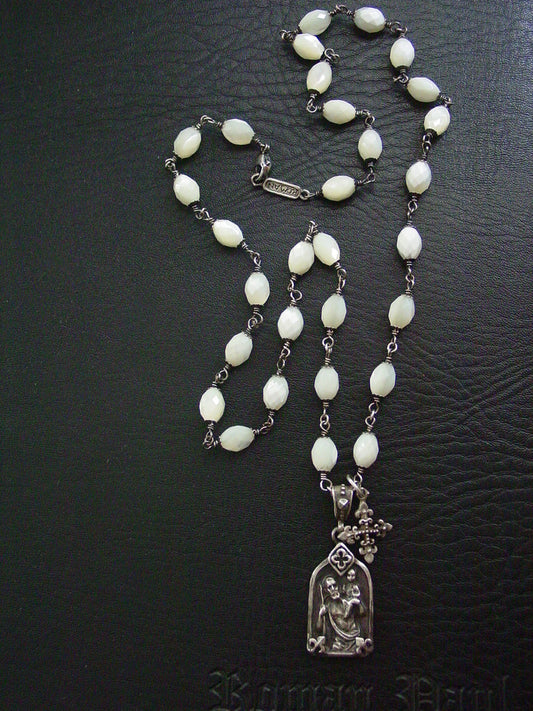 Sterling Silver St. Christopher Pendant & Cross with Mother of Pearl Beads